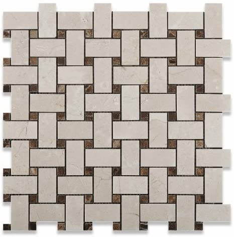 Crema Marfil Basketweave with Dark Emperador Dot Polished Finished - Tilefornia