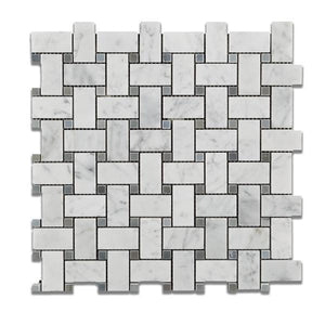 Tilefornia Italian Carrara White Basketweave Mosaic Tile w/ Blue/Gray Dots Marble Polished/Honed - Tilefornia