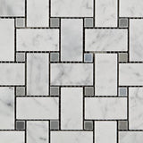 Tilefornia Italian Carrara White Basketweave Mosaic Tile w/ Blue/Gray Dots Marble Polished/Honed - Tilefornia