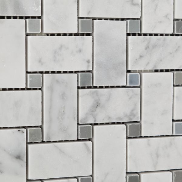 Tilefornia Italian Carrara White Basketweave Mosaic Tile w/ Blue/Gray Dots Marble Polished/Honed - Tilefornia