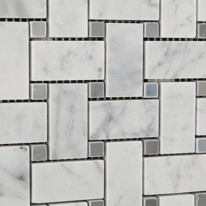 Tilefornia Italian Carrara White Basketweave Mosaic Tile w/ Blue/Gray Dots Marble Polished/Honed - Tilefornia