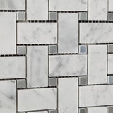 Tilefornia Italian Carrara White Basketweave Mosaic Tile w/ Blue/Gray Dots Marble Polished/Honed - Tilefornia