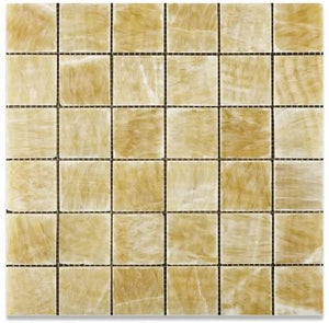 Honey Onyx 2x2 Polished Mosaics Meshed on 12" X 12" Sheet for Backsplash, Shower Walls, Bathroom Floors. Minimum Purchase 28 Sheets - Tilefornia