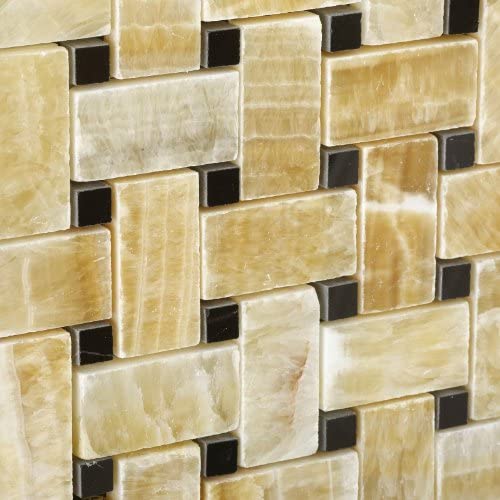 Honey Onyx Basketweave with Black Marble Tile Premium Polished - Tilefornia