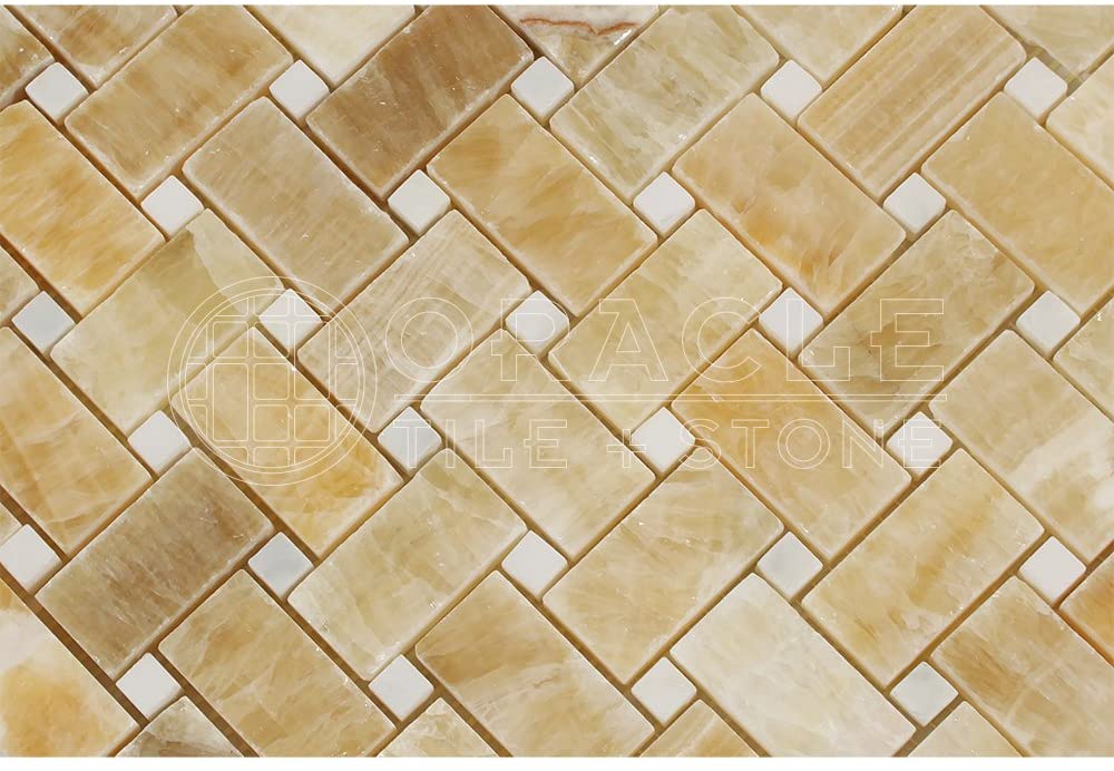 Honey Onyx Polished Basketweave with White Marble Insert Dot - 6" x 6" Sample - Tilefornia