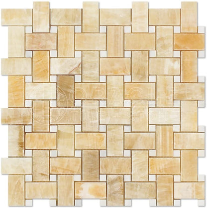 Honey Onyx Polished Basketweave with White Marble Insert Dot - 6" x 6" Sample - Tilefornia