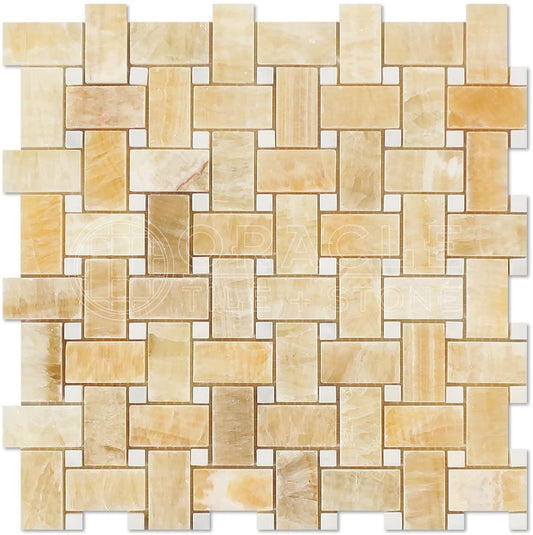 Honey Onyx Polished Basketweave with White Marble Insert Dot - 6" x 6" Sample - Tilefornia
