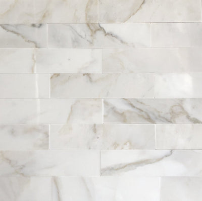 White Calacatta Gold Marble Subway Tile 2x8, Polished