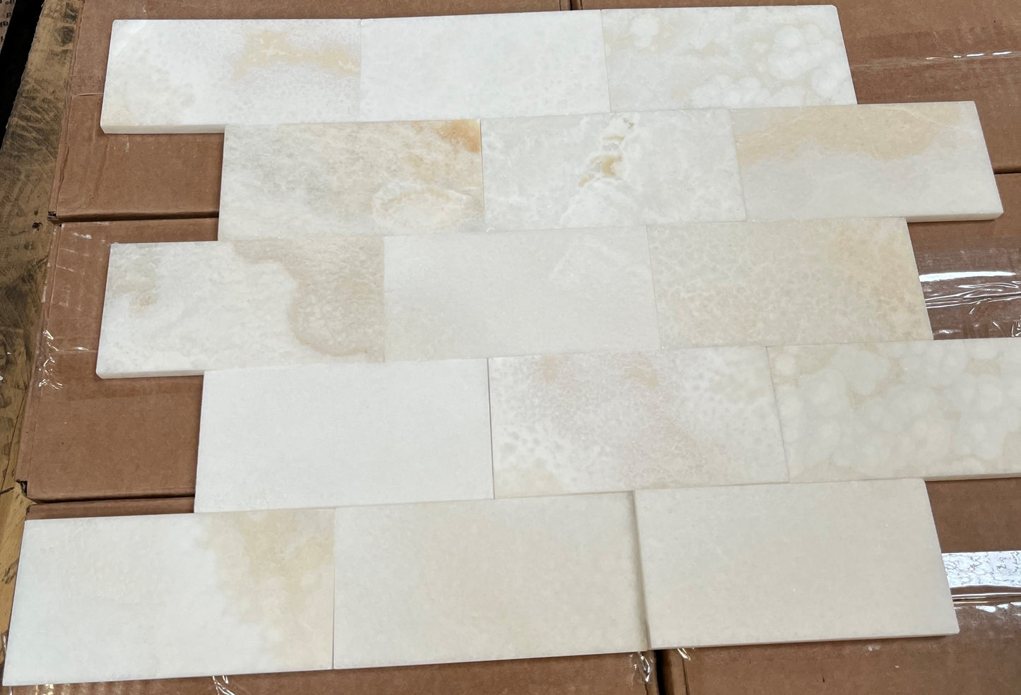 Pearl White Onyx Subway Brick 3x6 Polished Tiles for Backsplash, Shower Walls, Bathroom Floors - Tilefornia