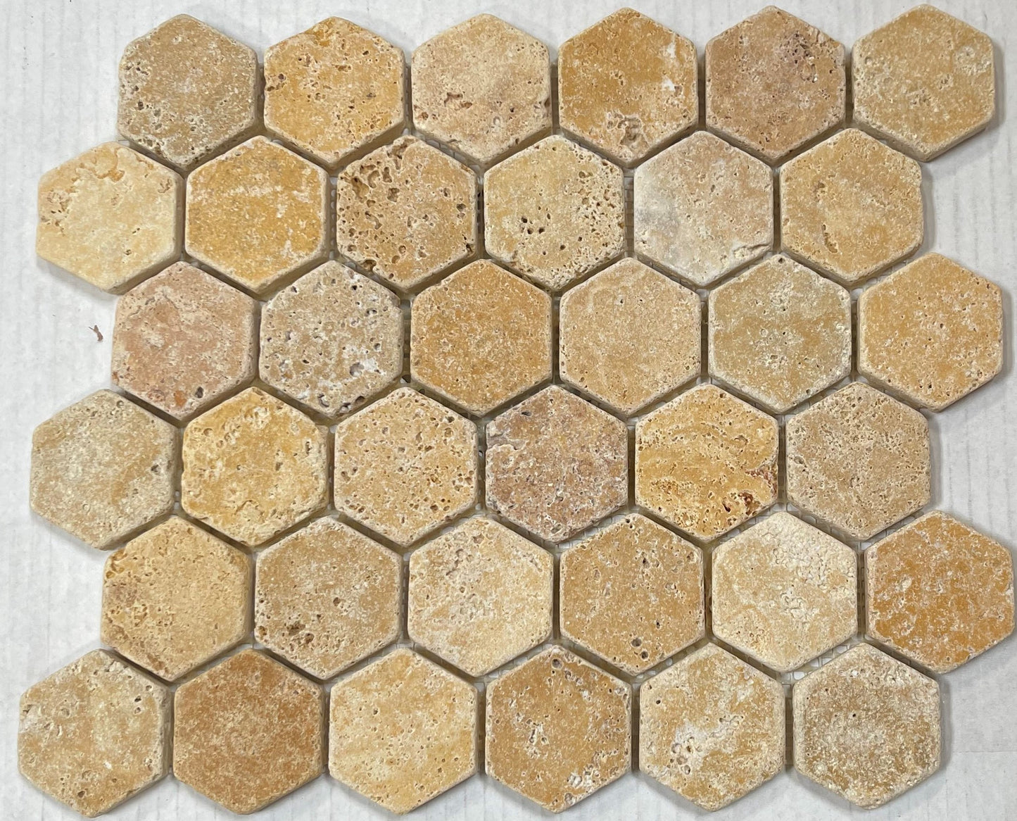 Hexagon 2x2 TUMBLE Gold Yellow Travertine Mosaics Meshed on 12x12 Sheet Tiles for Kitchen Backsplash, Shower Walls, Bathroom Floors - Tilefornia