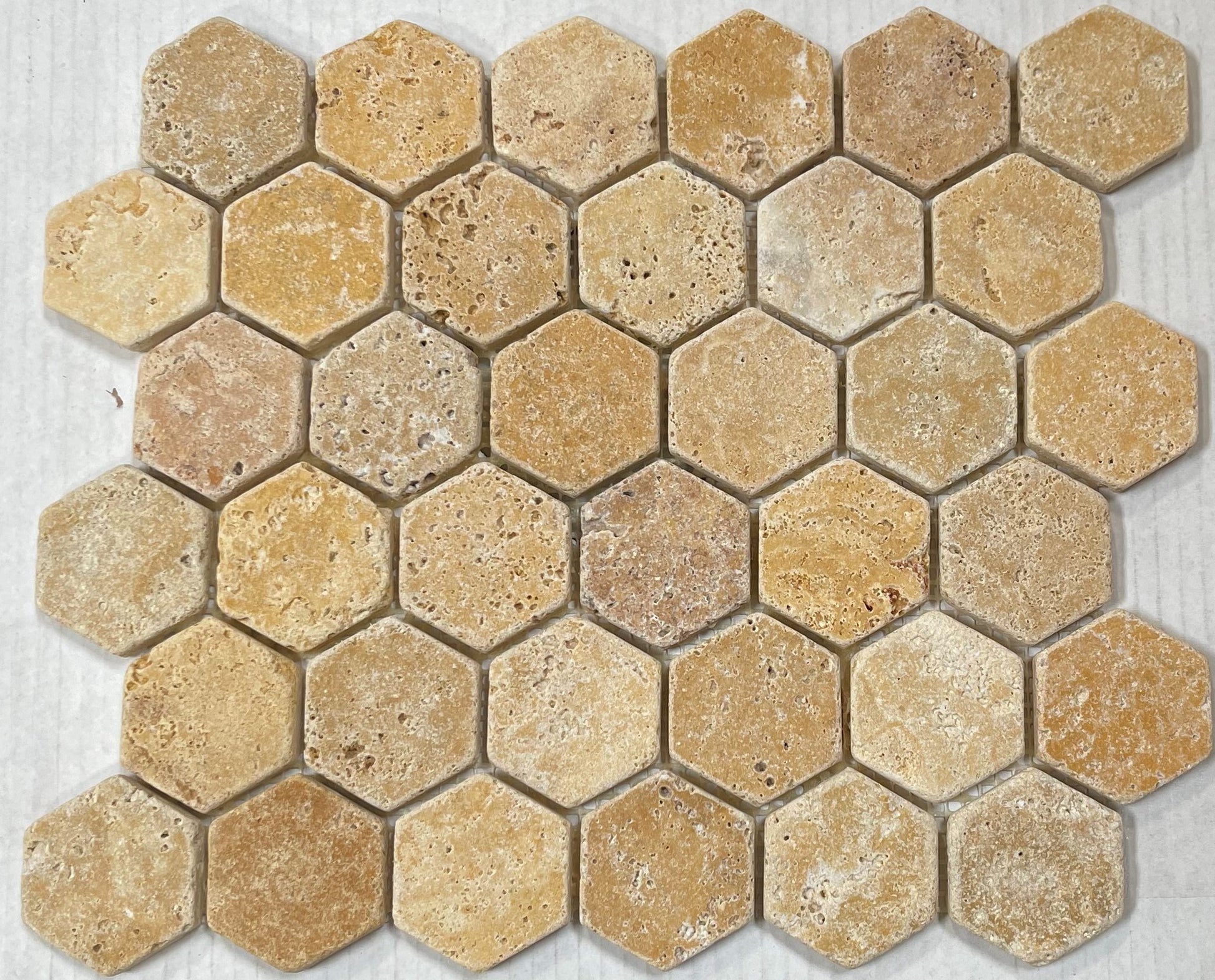 Hexagon 2x2 TUMBLE Gold Yellow Travertine Mosaics Meshed on 12x12 Sheet Tiles for Kitchen Backsplash, Shower Walls, Bathroom Floors - Tilefornia