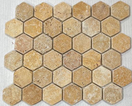 Hexagon 2x2 TUMBLE Gold Yellow Travertine Mosaics Meshed on 12x12 Sheet Tiles for Kitchen Backsplash, Shower Walls, Bathroom Floors - Tilefornia