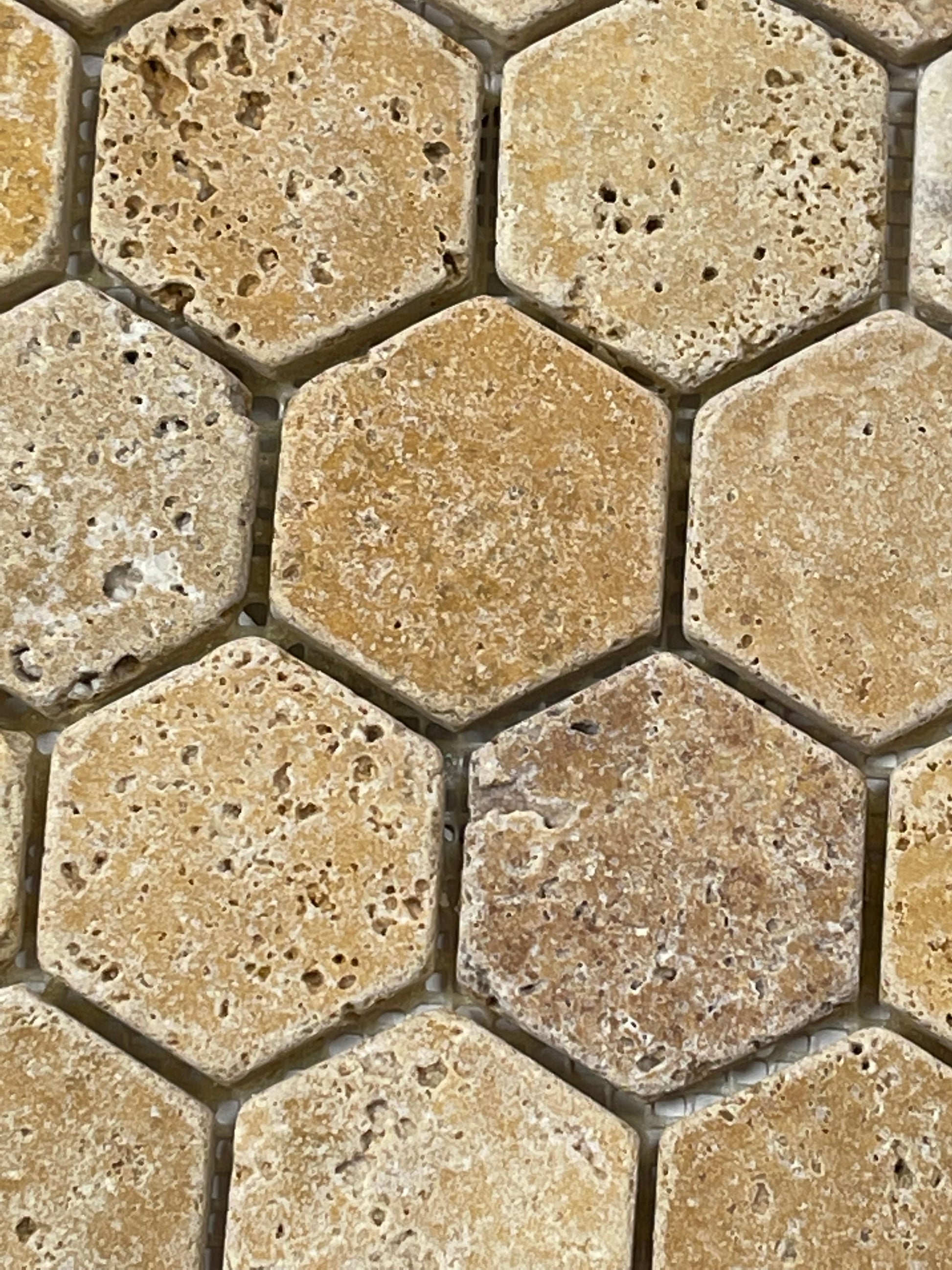 Hexagon 2x2 TUMBLE Gold Yellow Travertine Mosaics Meshed on 12x12 Sheet Tiles for Kitchen Backsplash, Shower Walls, Bathroom Floors - Tilefornia