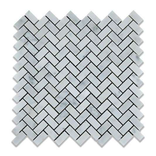 Tilefornia Italian Carrara White Marble Mini  Herringbone Mosaic Tile Polished/Honed - Tilefornia