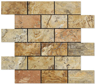 Scabos Travertine Brick Mosaic Tile 2x4, Polished