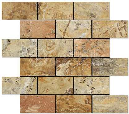 Scabos Travertine 2 X 4 Brick Mosaic Tile,  POLISHED - Tilefornia