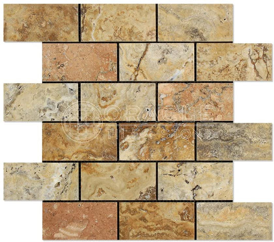 Scabos Travertine 2 X 4 Brick Mosaic Tile,  POLISHED - Tilefornia
