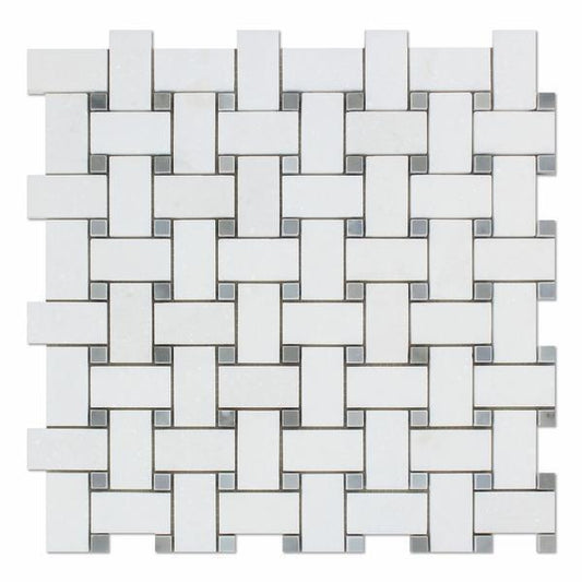 Tilefornia Thassos White & Blue/Gray Marble Basketweave Mosaic - Tilefornia