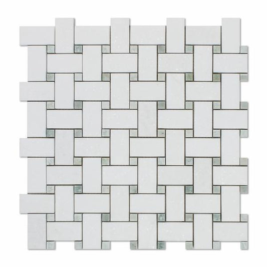 Tilefornia Thassos White & Green Marble Basketweave Mosaic - Tilefornia
