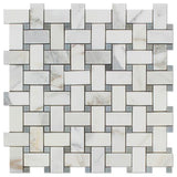 Tilefornia Calacatta Gold Marble Basketweave Mosaic Tile w/ Blue/Gray Dots - Tilefornia