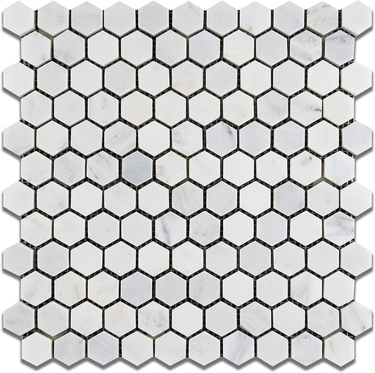 White Marble Hexagon 1x1 POLISHED Mosaic Tiles on 12x12 Sheet - Lot of 50 Sheets - Tilefornia